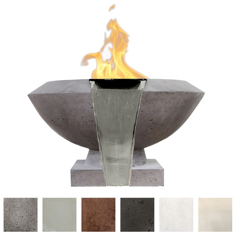 Concrete gas fire and water bowl with flame rising from center