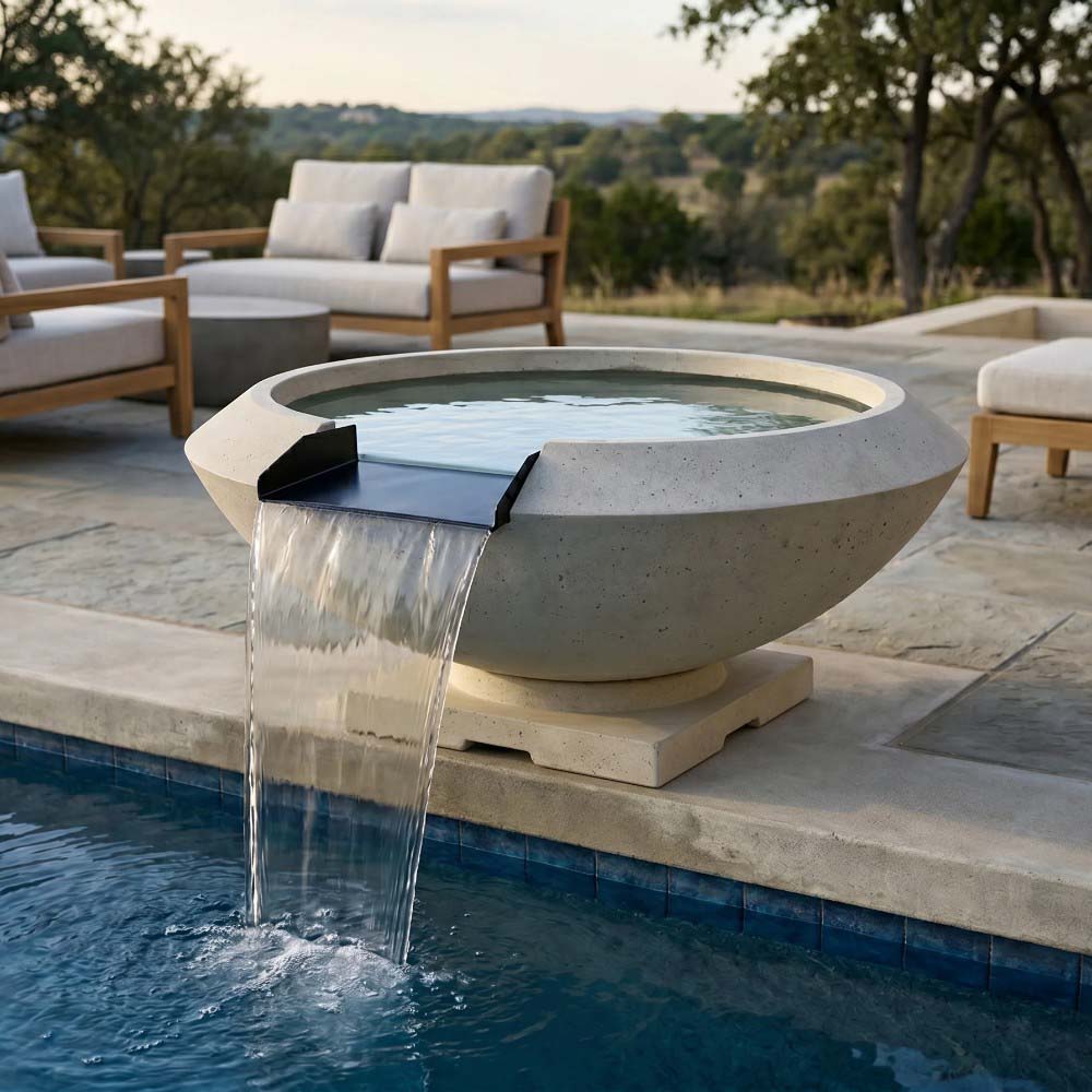 White concrete gas fire and water bowl with water stream spilling at pool edge