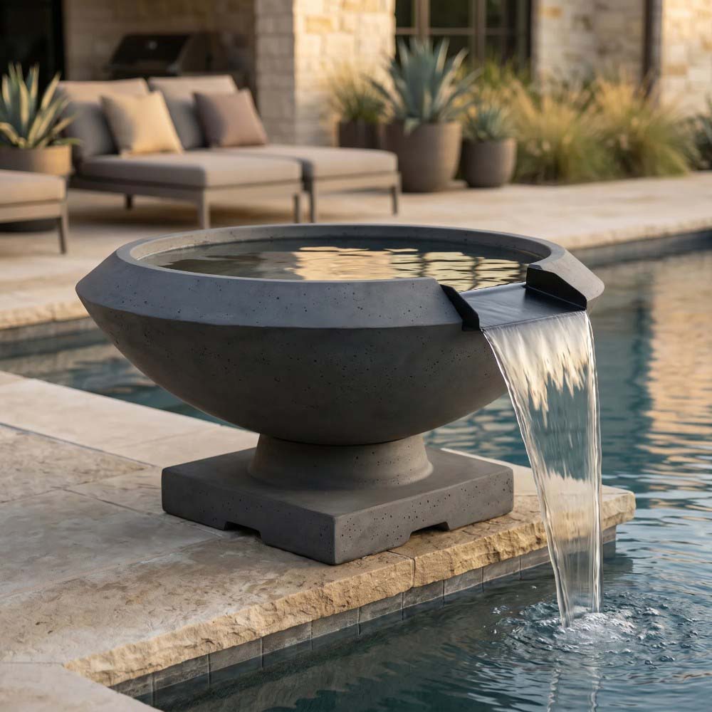 Dark gray concrete gas fire and water bowl with water stream flowing from side