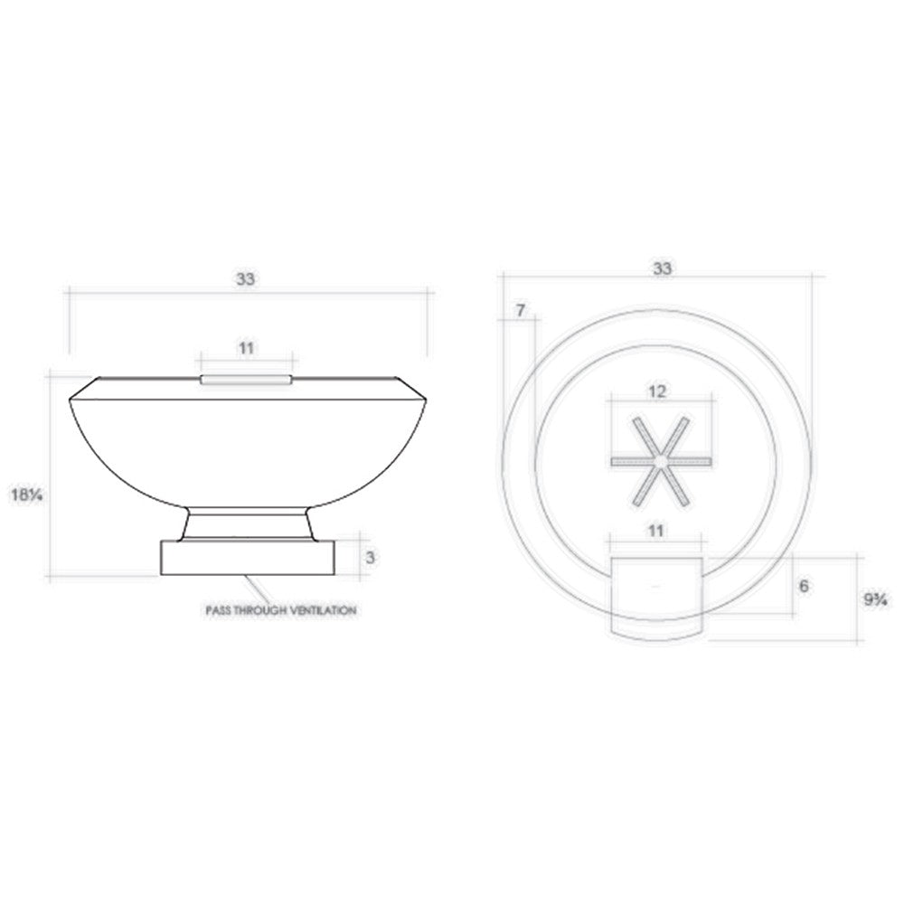 Concrete gas fire and water bowl technical layout diagram with dimensions