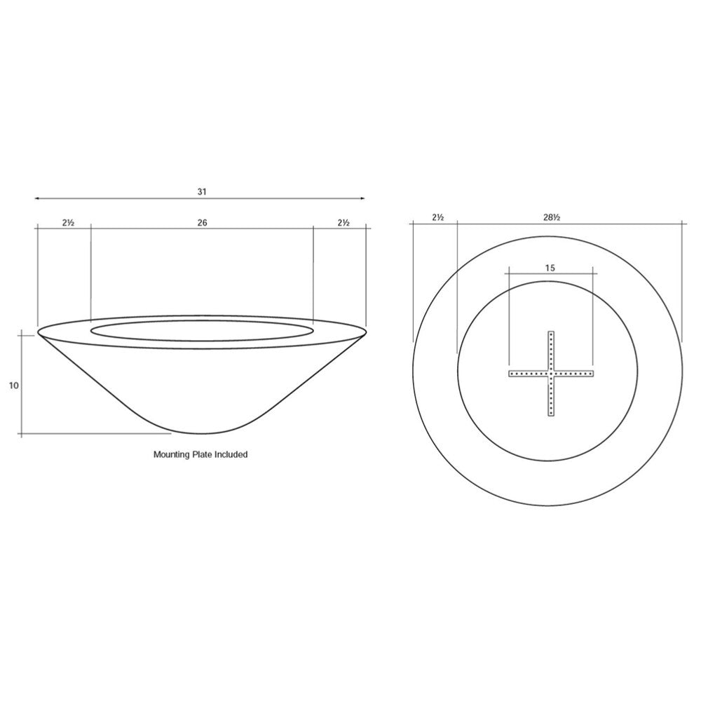 Concrete pedestal gas fire pit mounting diagram with burner cross section