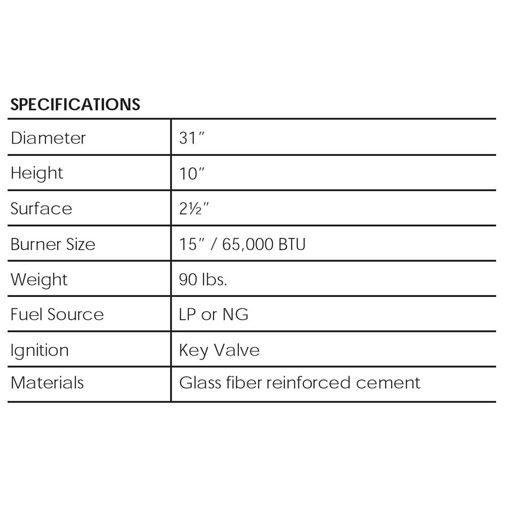 Concrete gas fire pit specification chart showing 31-inch size and burner details
