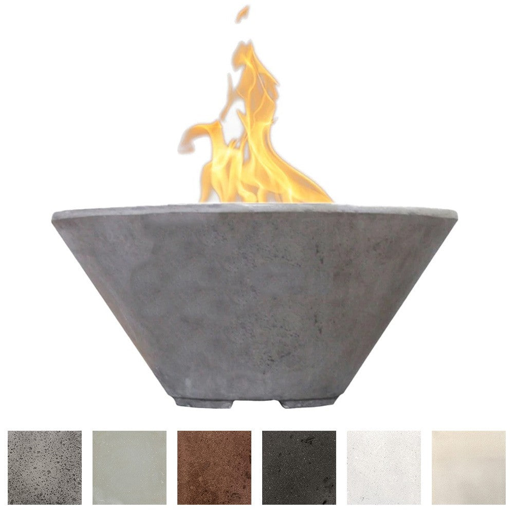 Gray concrete gas fire bowl with open flame and visible burner rocks, front view.