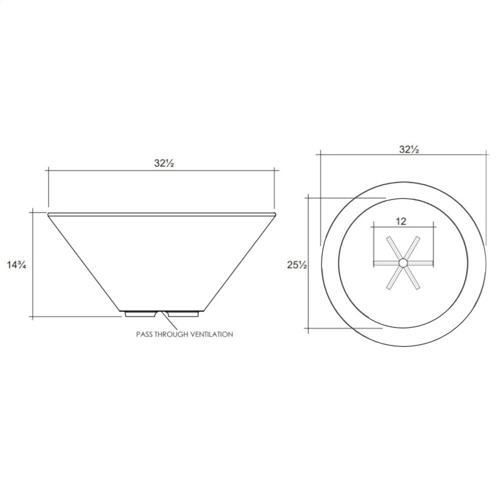 Concrete gas fire bowl vent diagram with circular burner and pass-through ventilation.