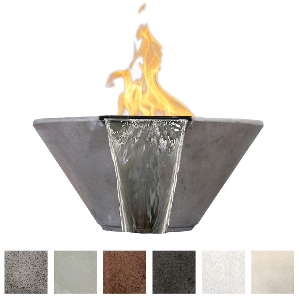 Dark concrete fire and water bowl with flame and cascading water