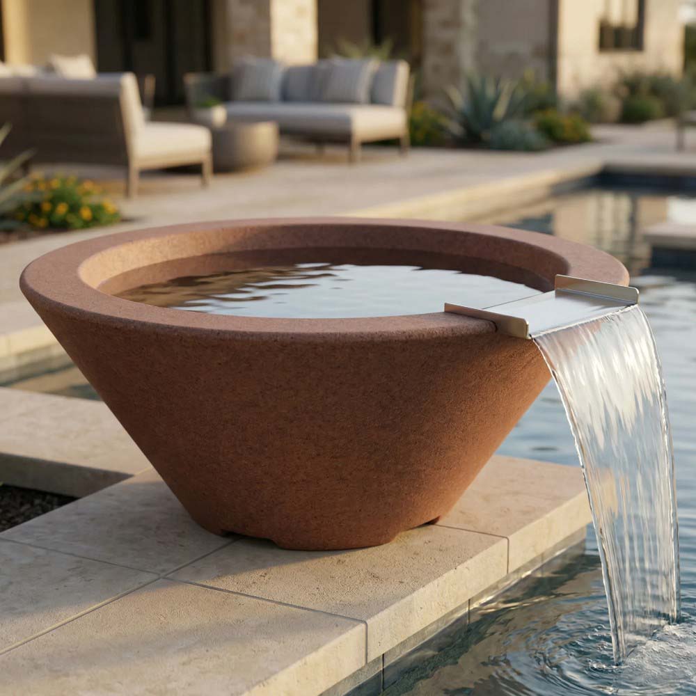 Brown concrete fire and water bowl with water spillover