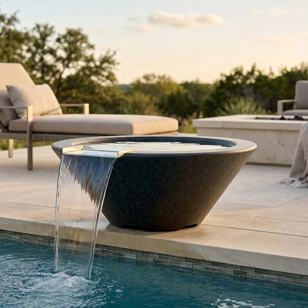 Dark charcoal concrete fire and water bowl with water spillover