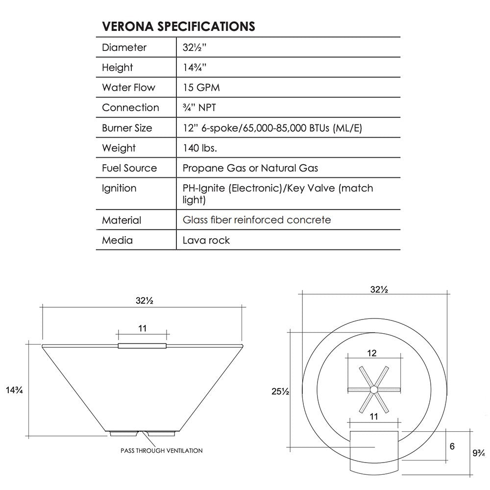 Verona concrete fire and water bowl specification diagram with dimensions