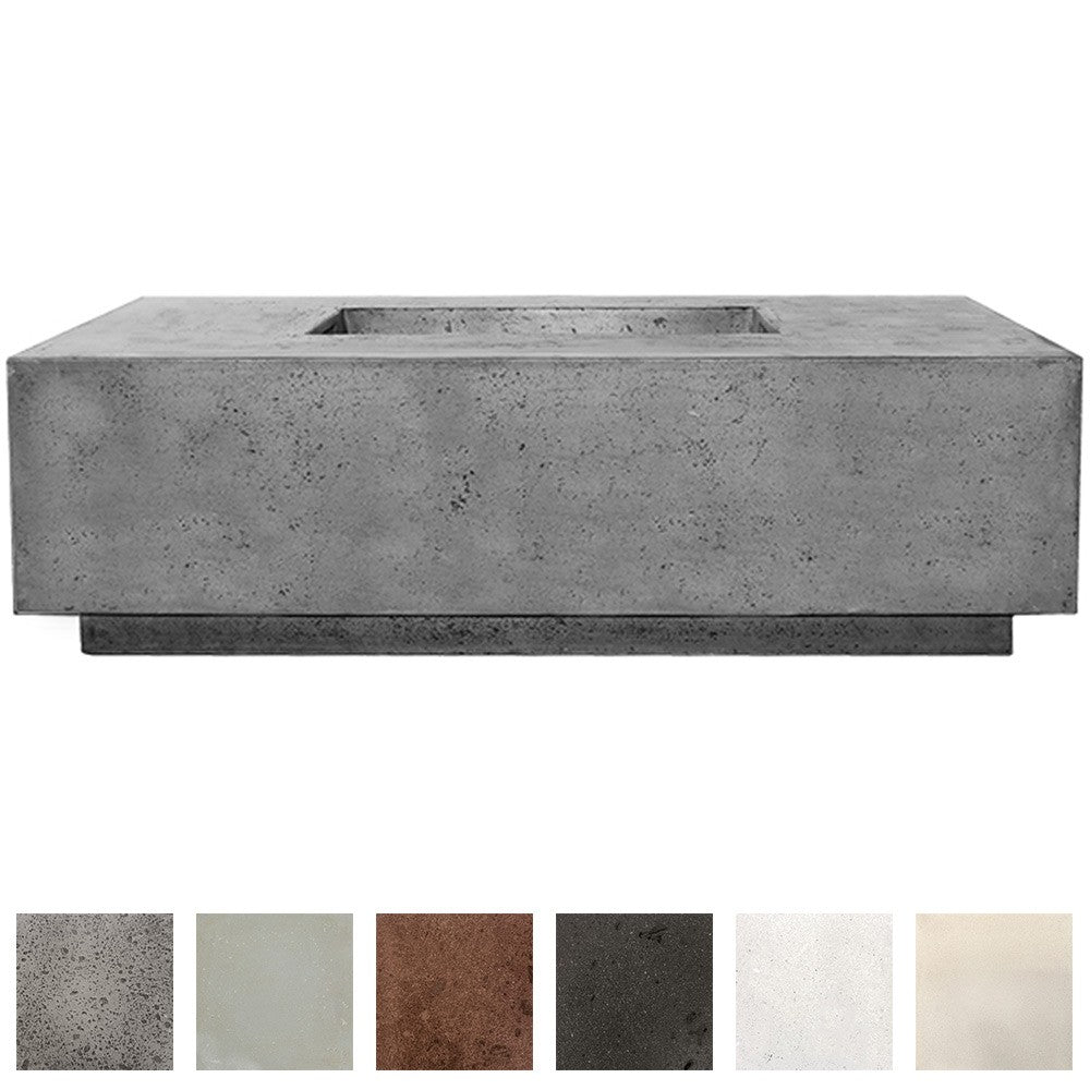 Rectangular concrete gas fire pit with empty burner tray, dark gray finish