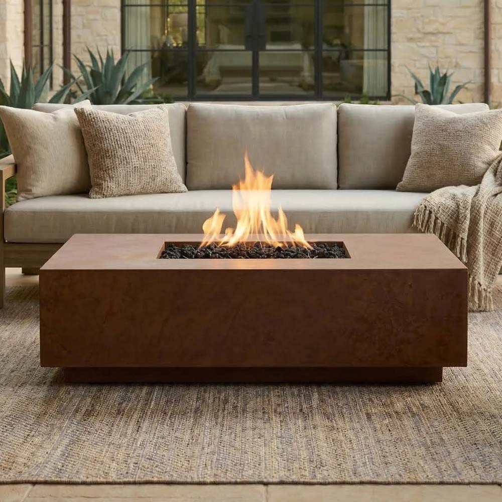 Rectangular concrete gas fire pit with open flames in black burner insert