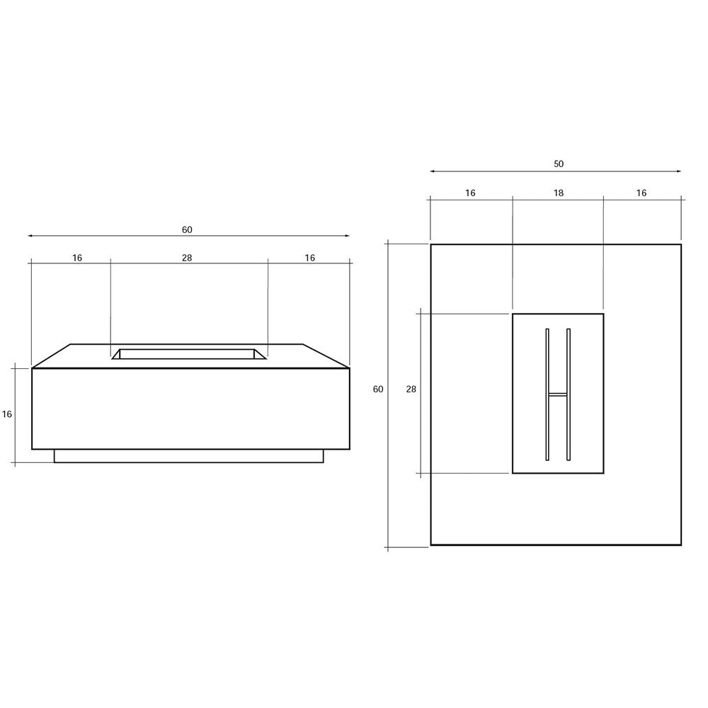 Concrete gas fire pit diagram with dimensions, rectangular body and burner cutaway
