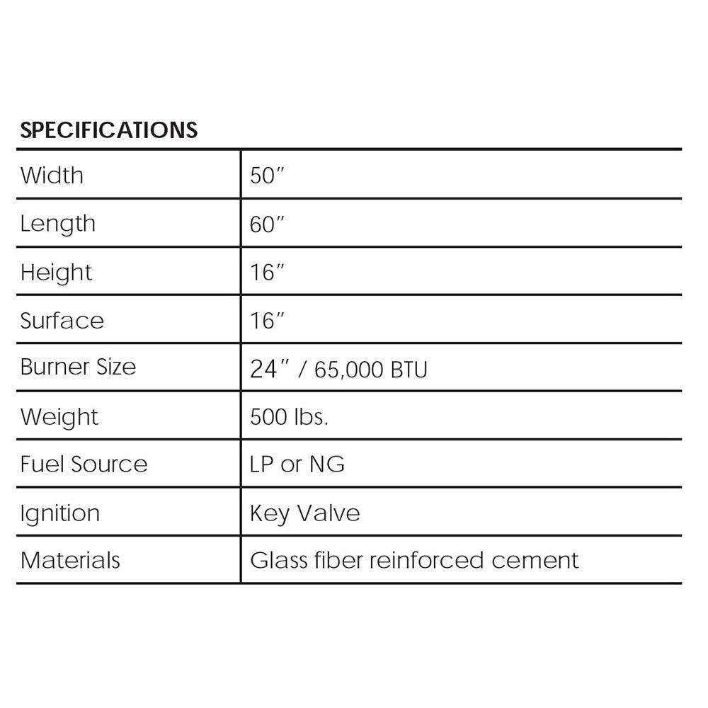 Concrete gas fire pit specifications sheet with dimensions and burner details