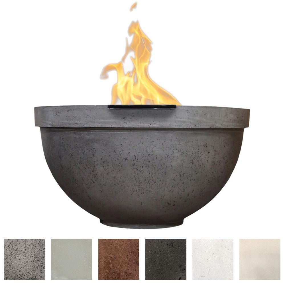 Dark gray concrete gas fire bowl with flames and black lava rock burner