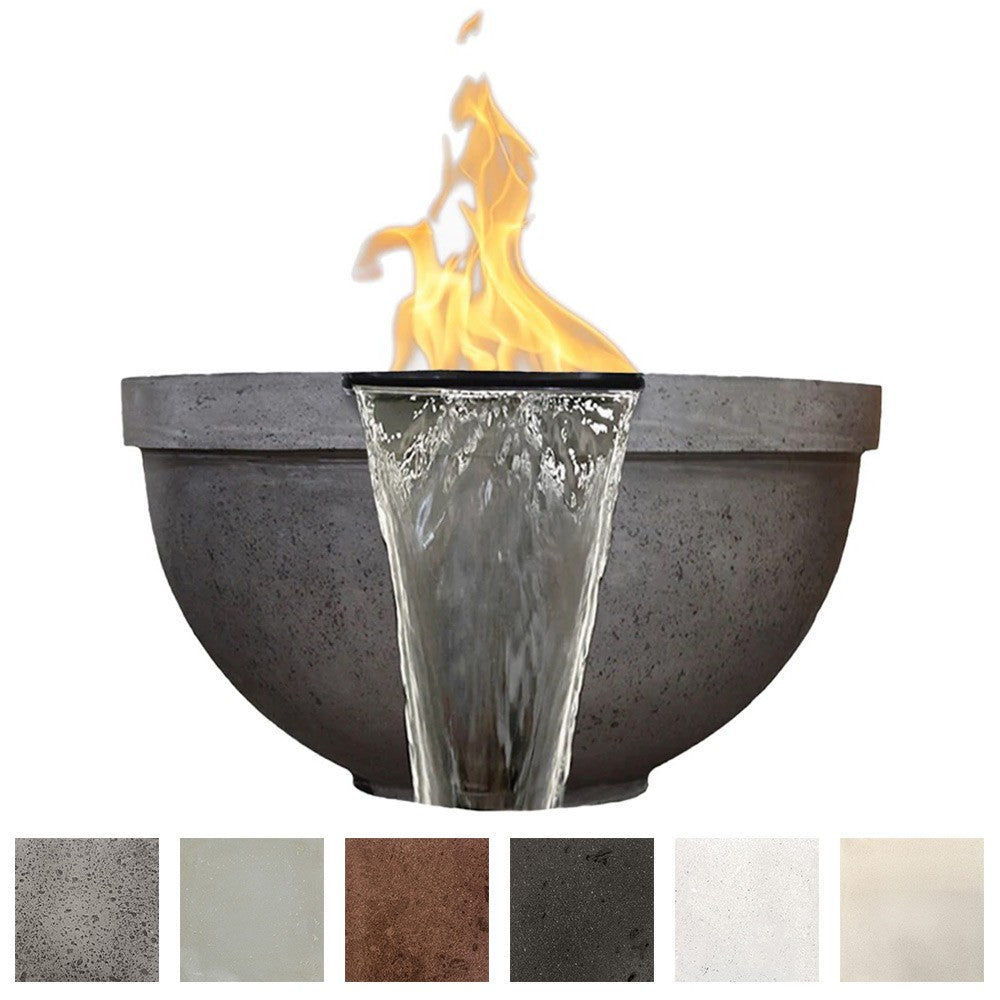 Concrete gas fire and water bowl with flame and water spout; finish swatches