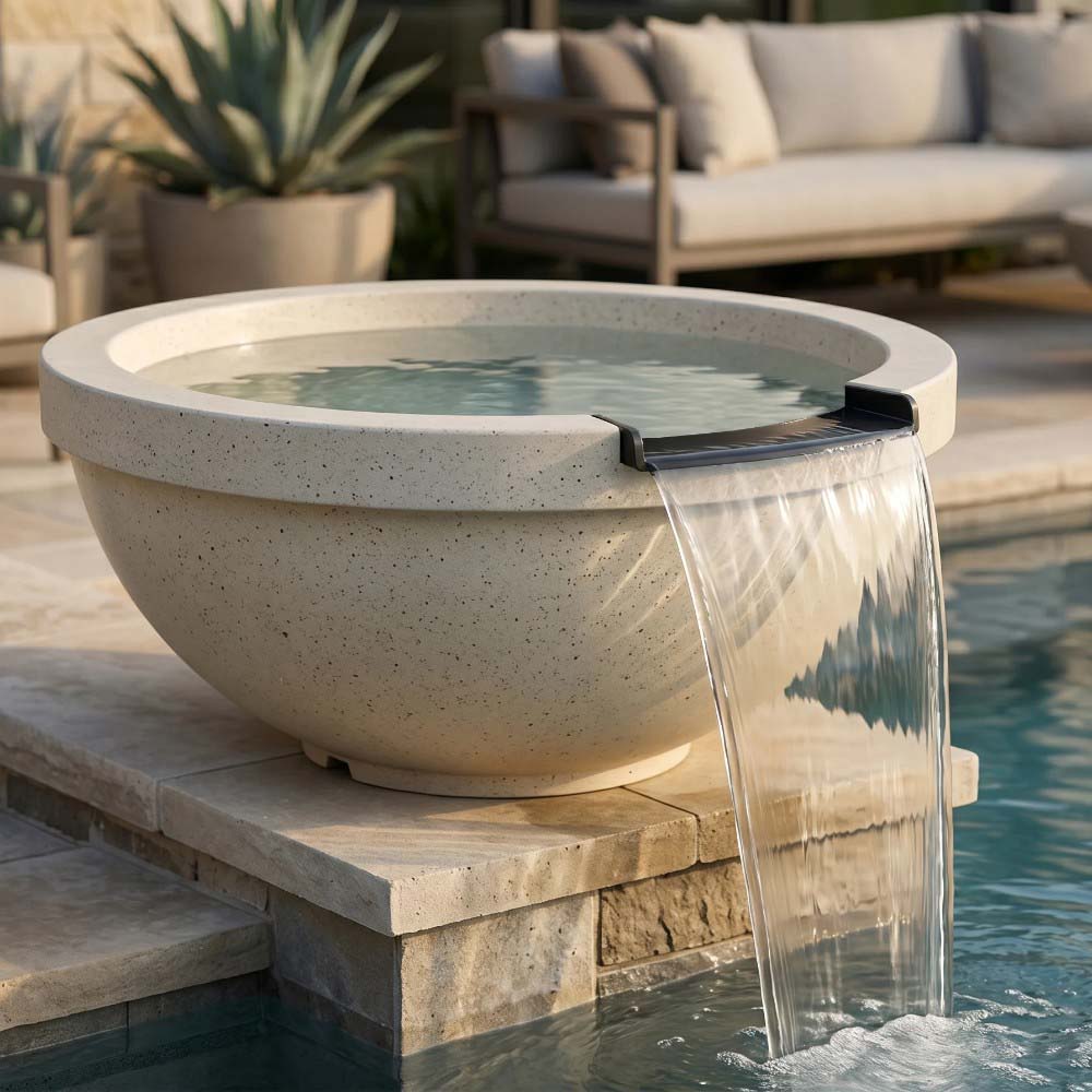 Light concrete gas fire and water bowl with water pouring stream into the basin