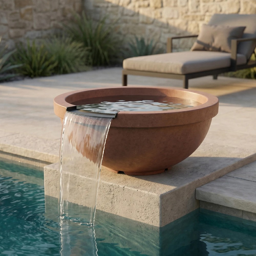 Concrete gas fire and water bowl with steady flame and waterfall stream into pool