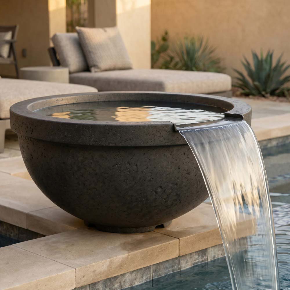 Concrete gas fire and water bowl with water pouring stream from the front
