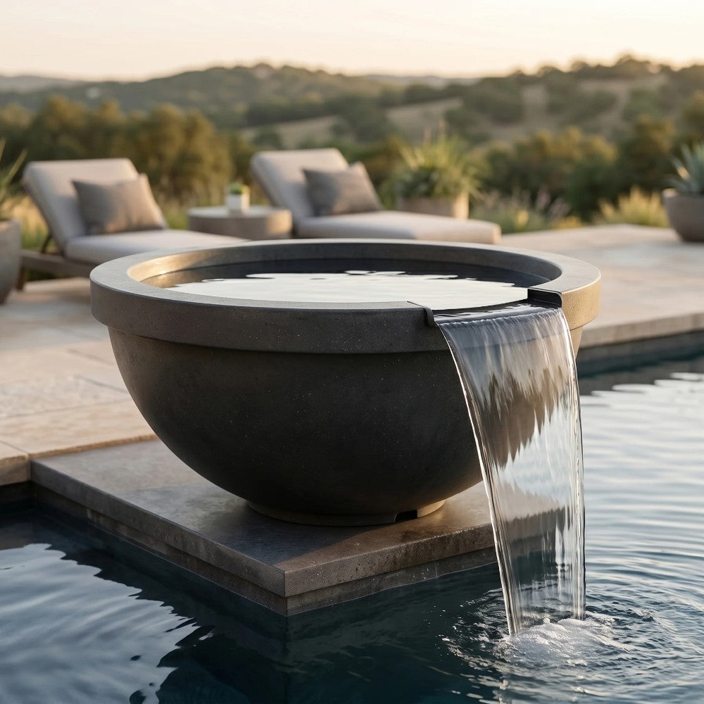 Concrete gas fire and water bowl with water sheet pouring over the rim