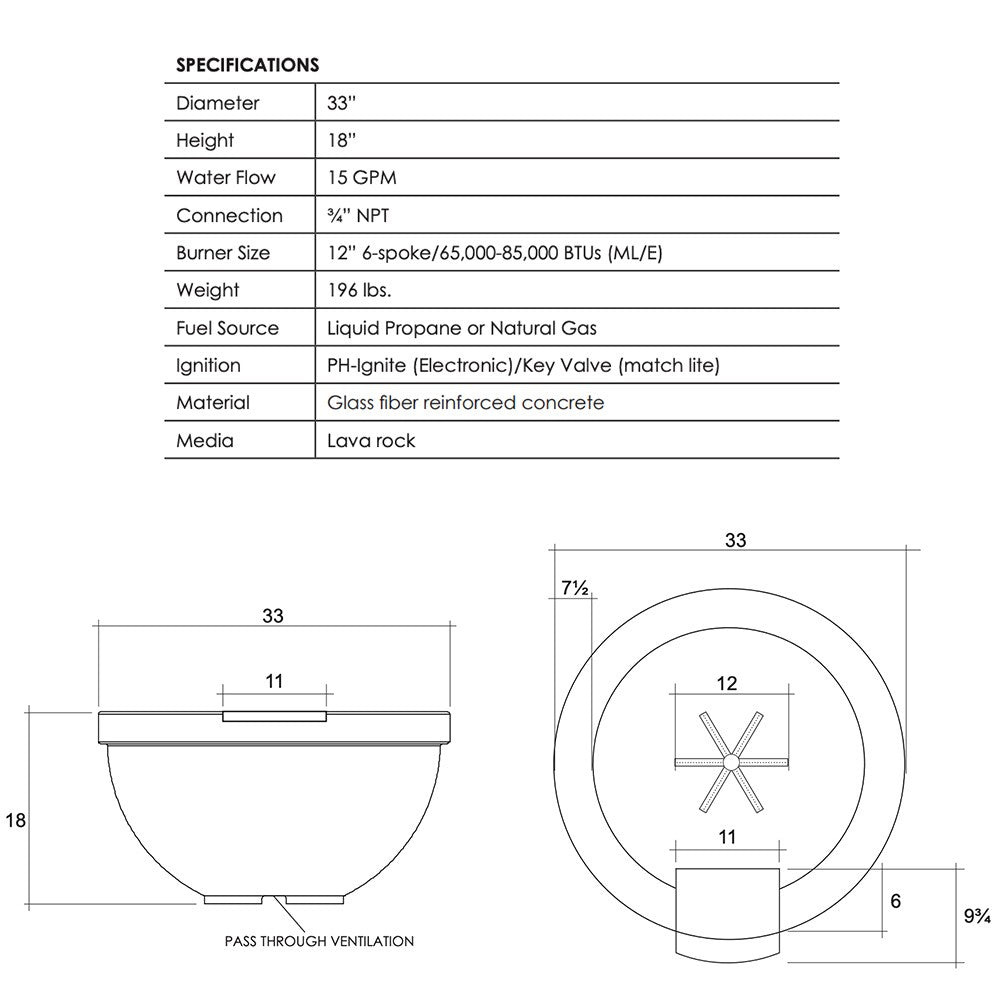 Concrete gas fire and water bowl diagram with side and top dimensions