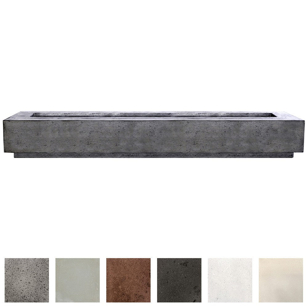 Dark gray concrete gas fire pit with textured top and finish swatch options