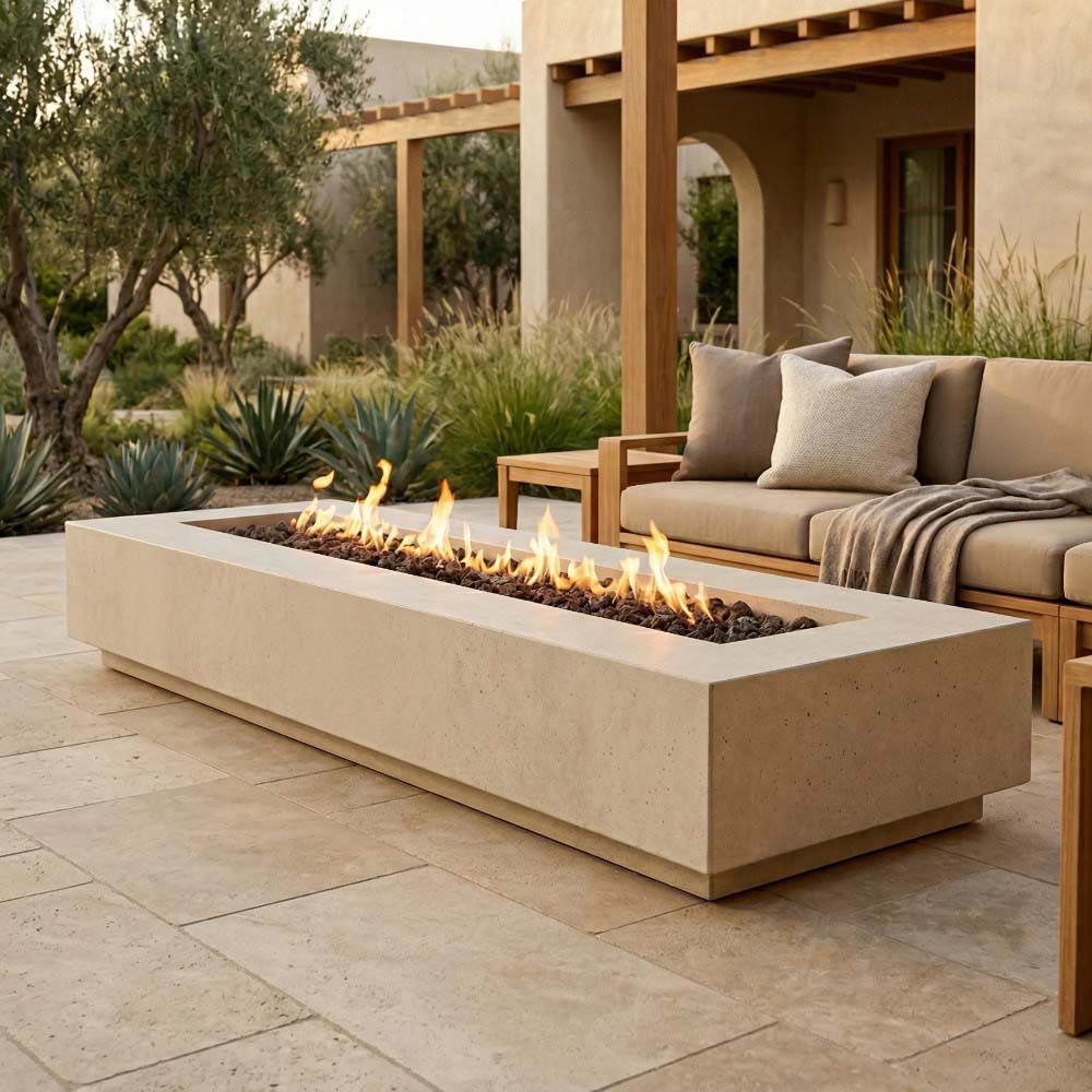 Light tan concrete gas fire pit with flames burning inside rectangular firebox