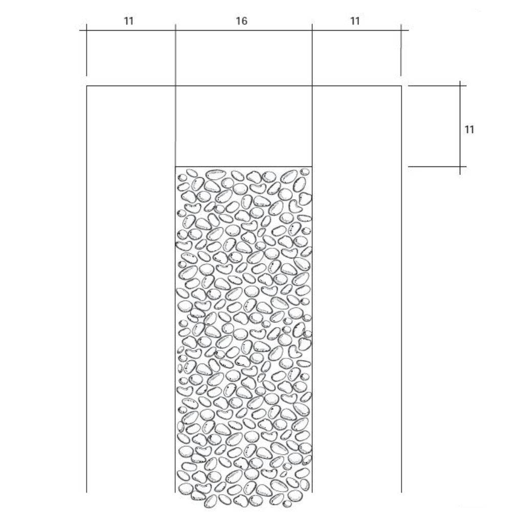 Concrete gas fire pit burner layout diagram with pebble-style burner surface
