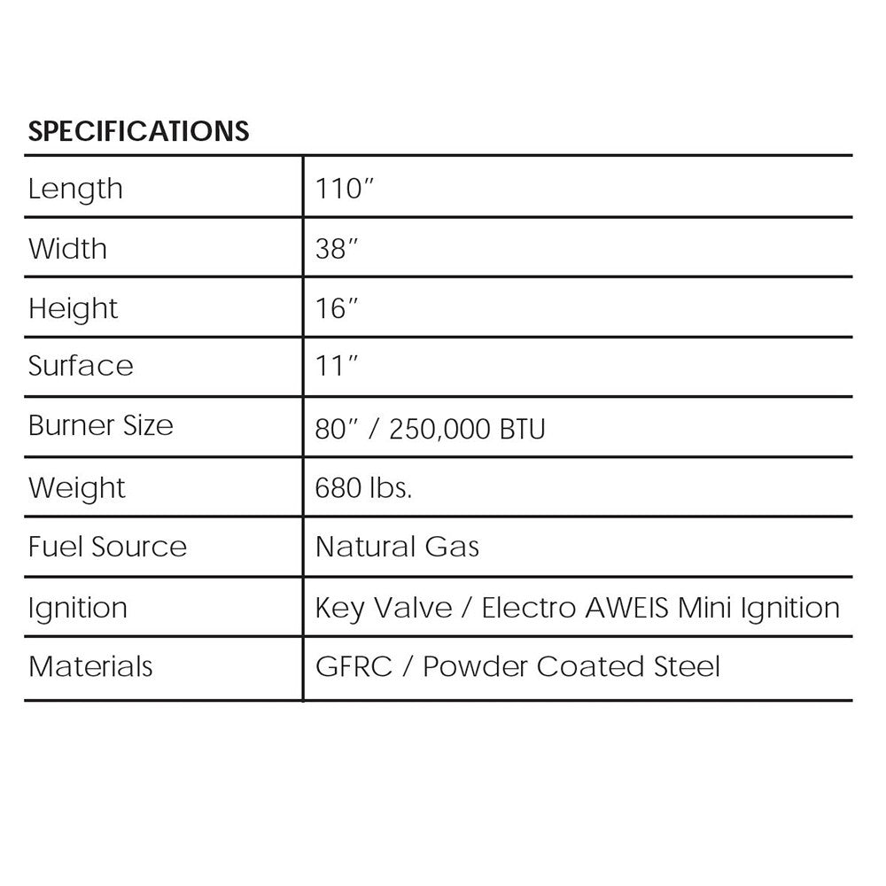 Concrete gas fire pit specifications chart with 110 x 38 in dimensions and ignition info