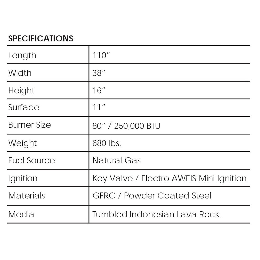 Concrete gas fire pit specifications chart listing natural gas and lava rock media