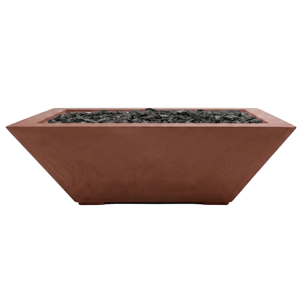 Rust-brown concrete gas fire bowl with lava rock, open rectangular top