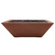 Rust-brown concrete gas fire bowl with lava rock, open rectangular top