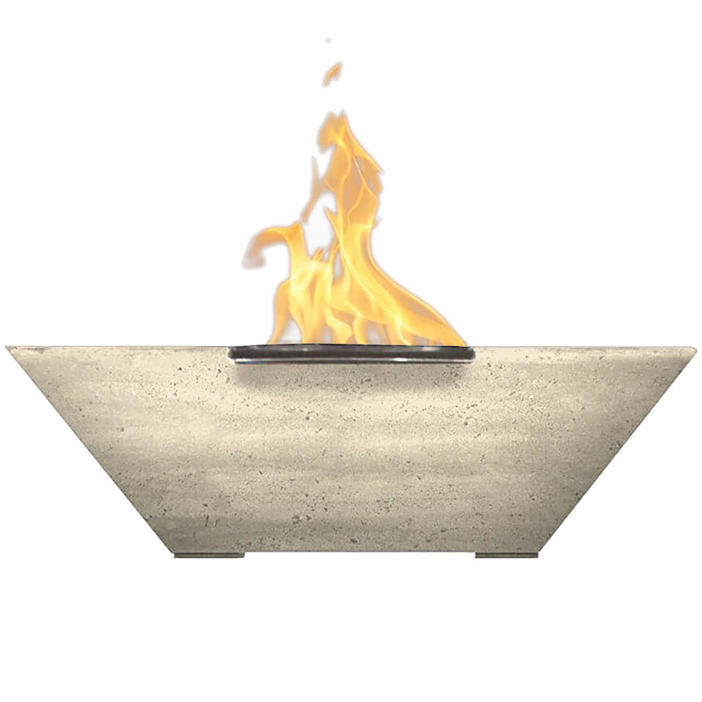 Concrete gas fire bowl with open burner and flames, light beige finish
