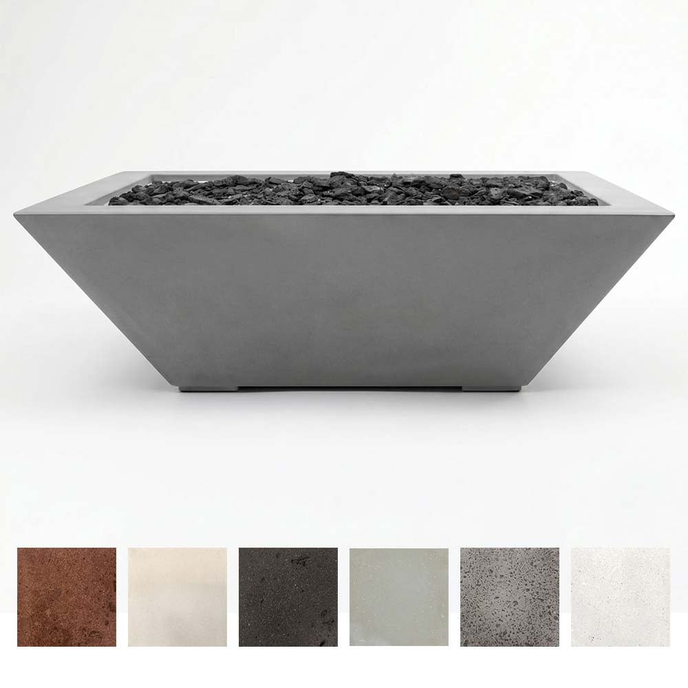 Gray concrete gas fire bowl with lava rock and color swatches