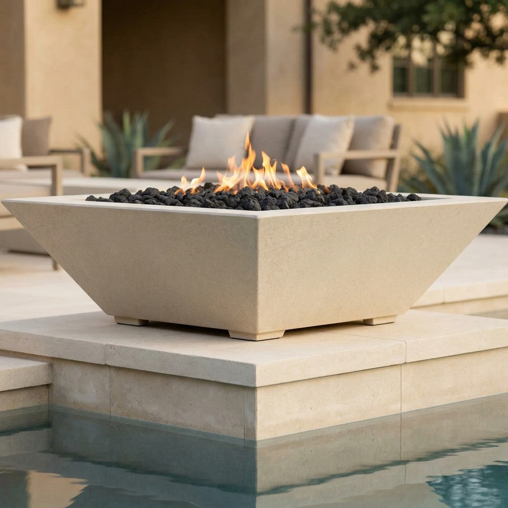 Concrete gas fire bowl with lava rock and flame, square open top