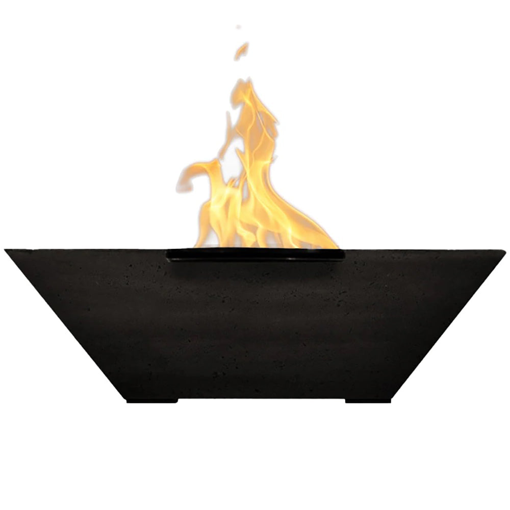 Concrete gas fire bowl with open burner and flames, dark black finish