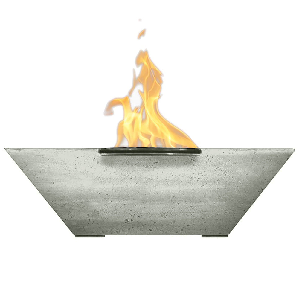 Concrete gas fire bowl with open burner and flames, pewter gray finish