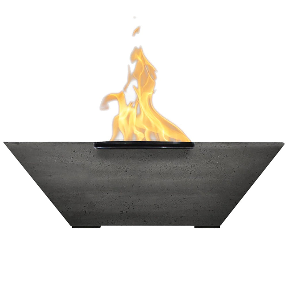 Concrete gas fire bowl with open burner and flames, charcoal gray finish