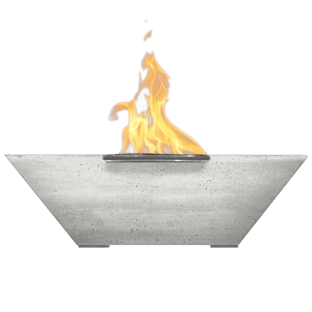Concrete gas fire bowl with open burner and flames, natural concrete finish