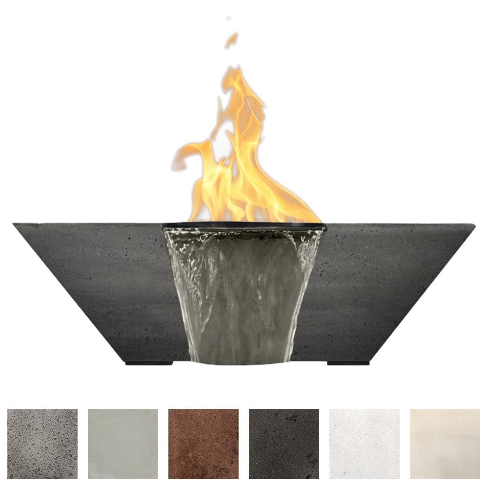 Dark gray concrete gas fire bowl with active flame above the water basin