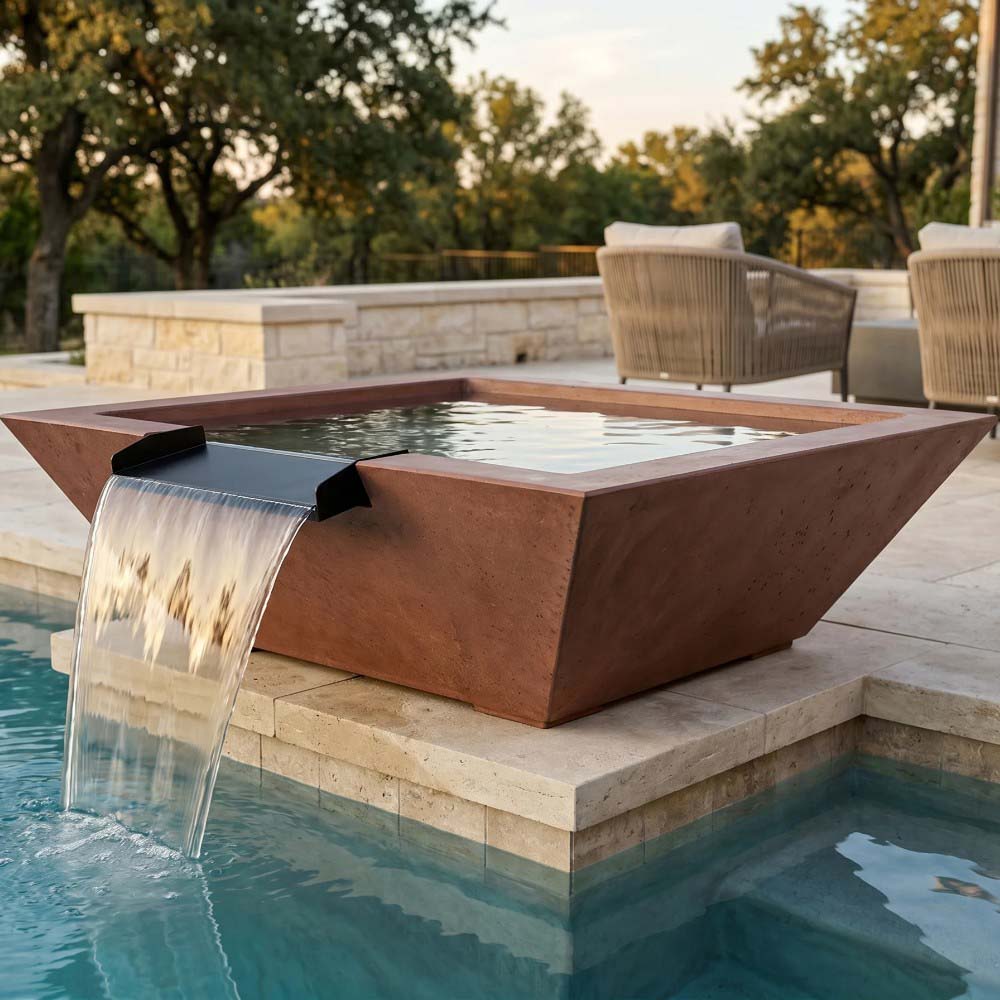 Rust-brown concrete gas fire and water bowl with water spill pouring from side