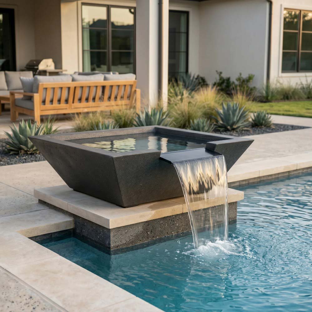 Dark gray concrete gas fire and water bowl with water jet pouring from rim