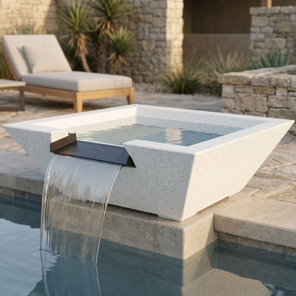 Light gray concrete gas fire and water bowl with side water spill panel
