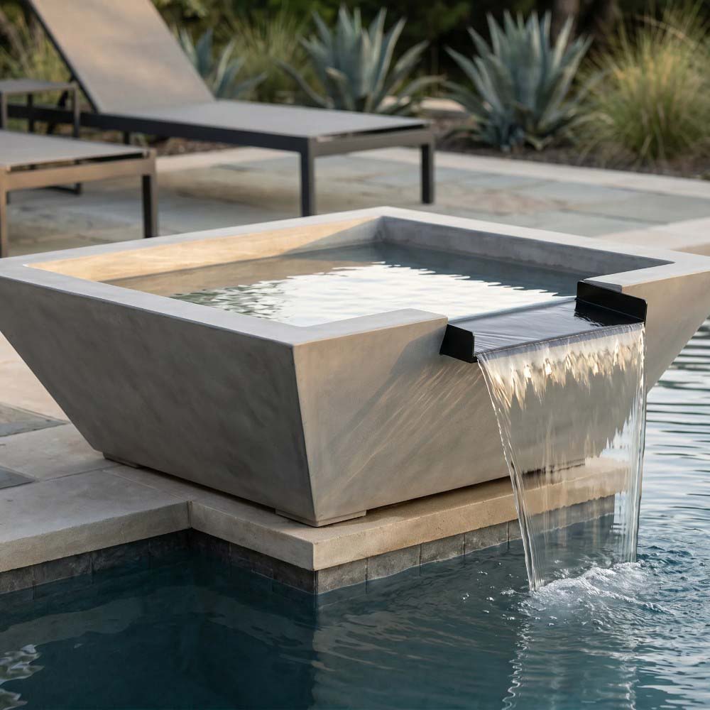 Light gray concrete gas fire and water bowl with arcing water spill over rim