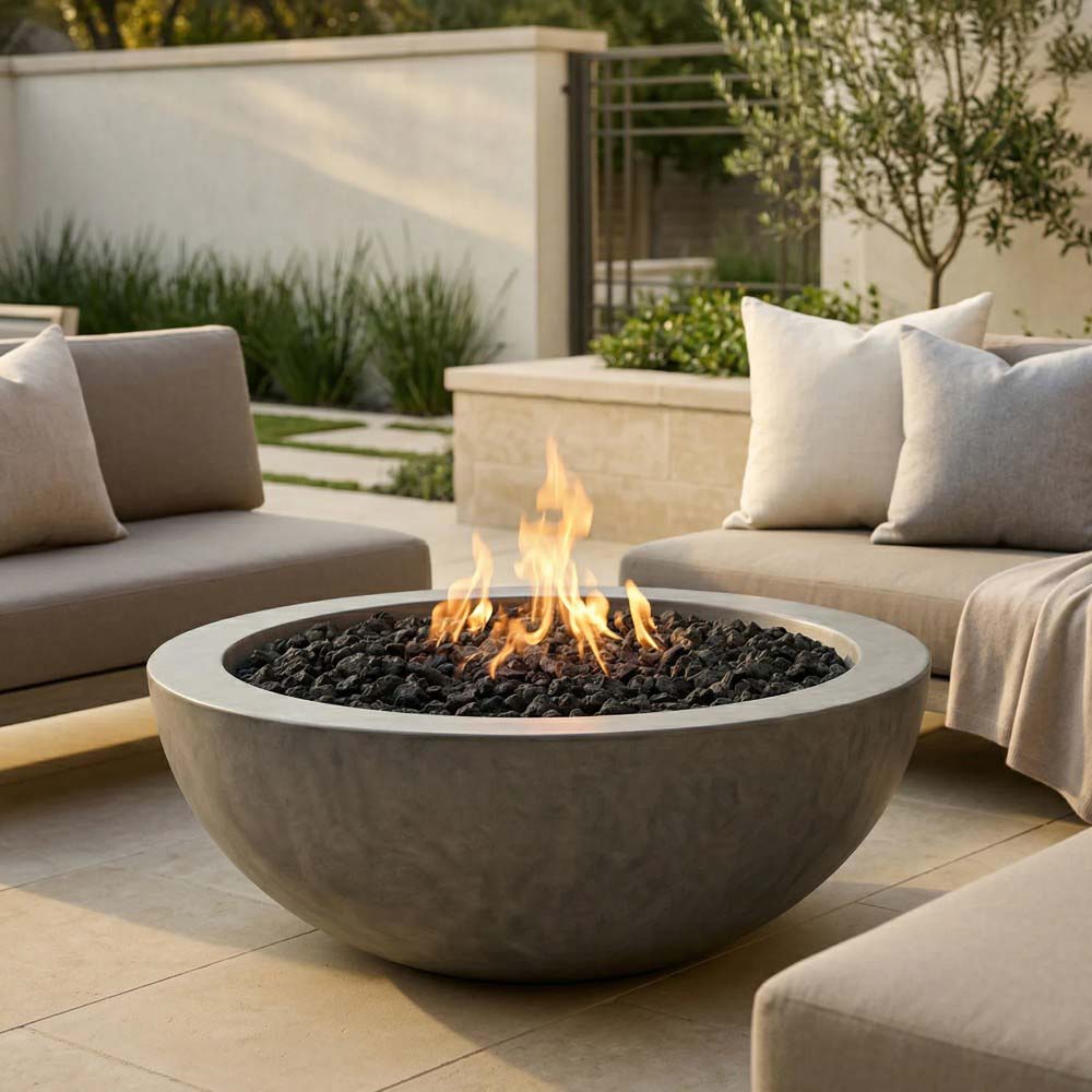 Light grey concrete gas fire pit with flame over black lava rocks and flat rim