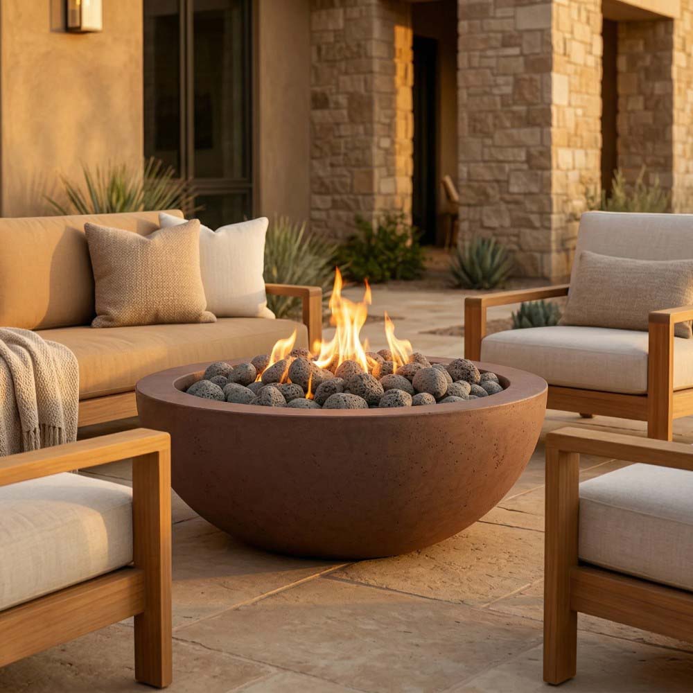 Brown concrete gas fire pit with flame centered in round bowl