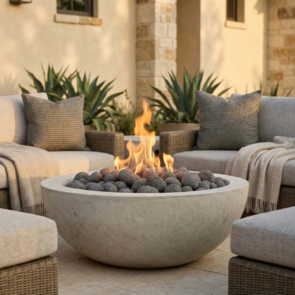 Concrete gas fire pit with flame over black lava rocks and round stone-like bowl