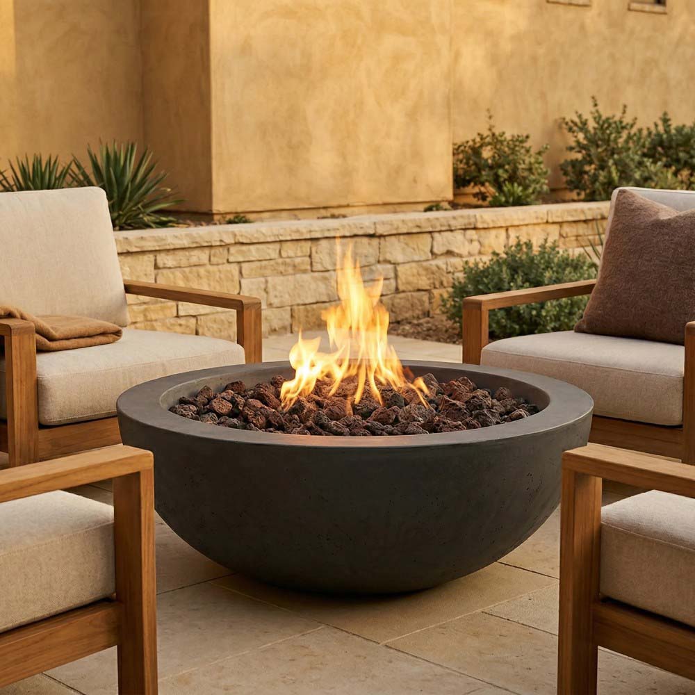 Grey concrete gas fire pit with visible flame over black lava rocks