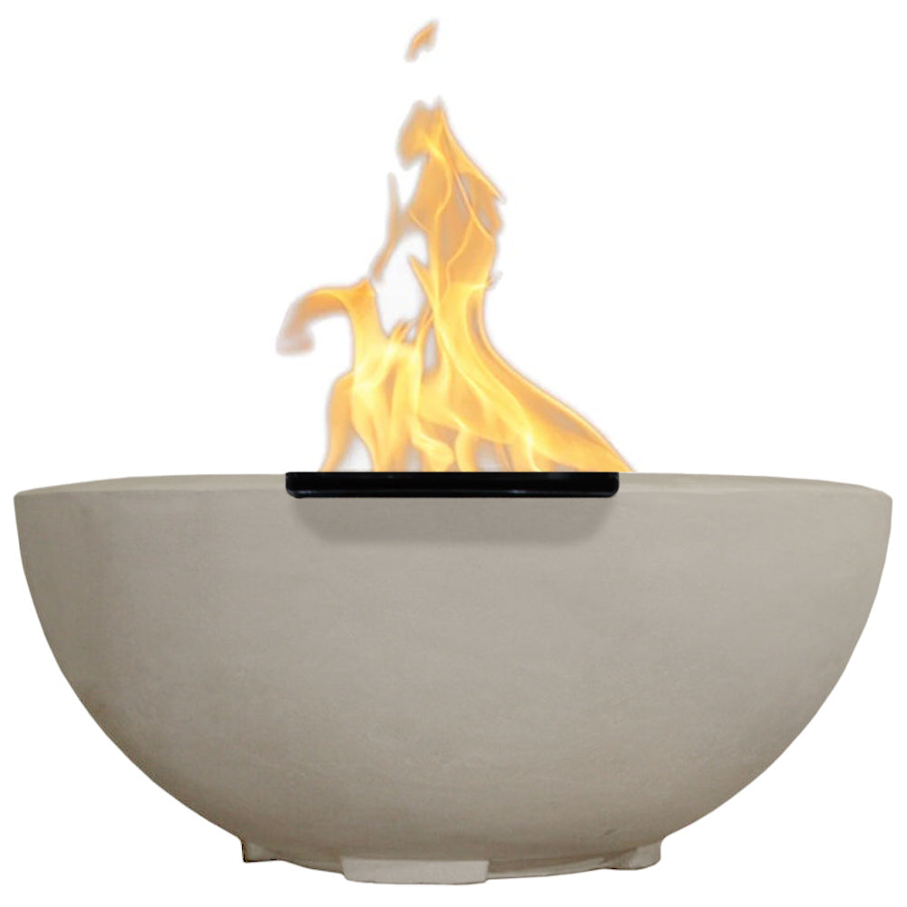 Modern concrete gas fire bowl with flame, light gray bowl and black burner ledge