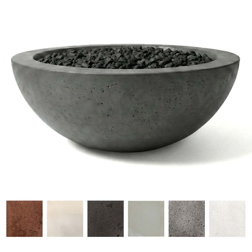 Gray concrete gas fire bowl with black lava rocks, shown with color finish swatches