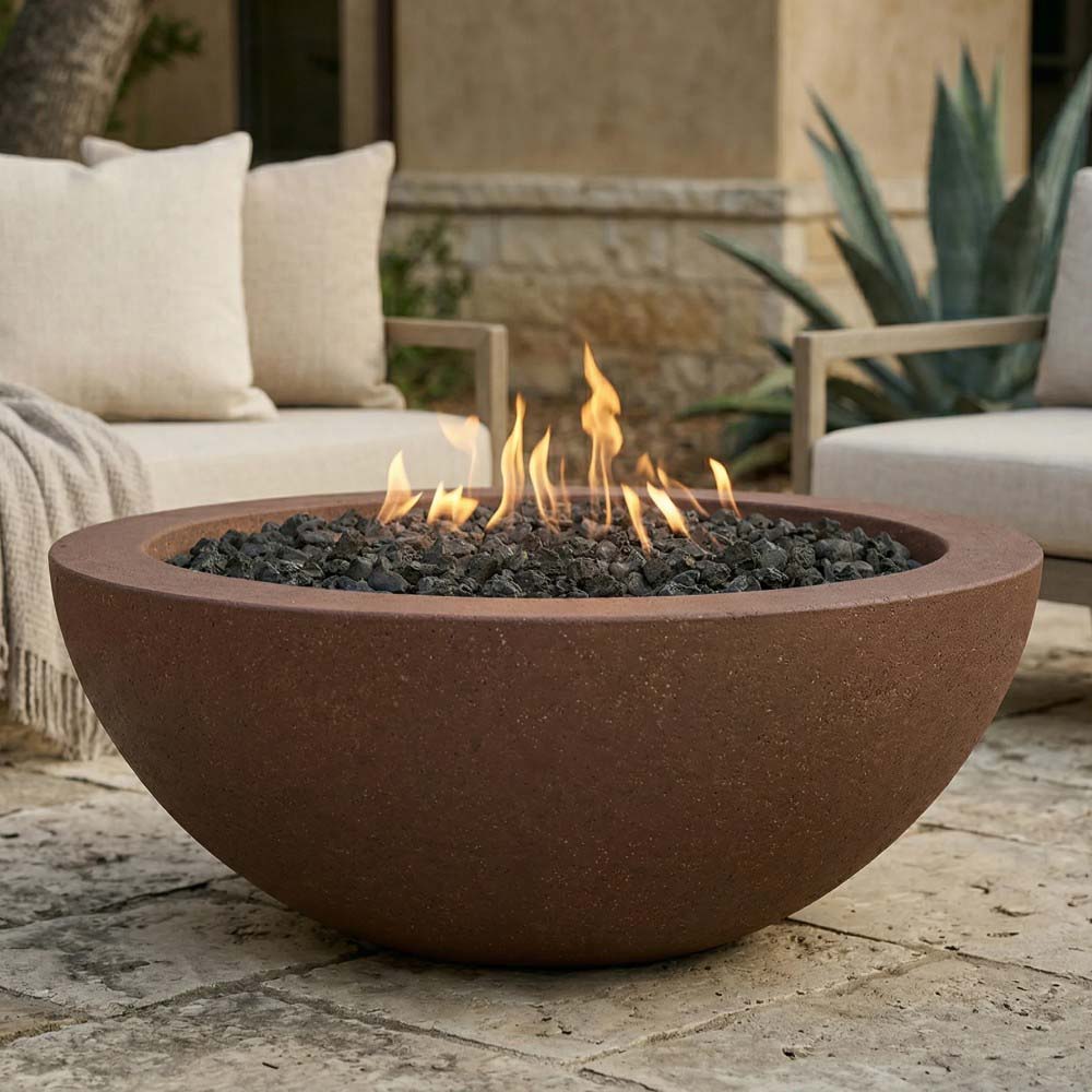Brown concrete gas fire bowl with flames burning over black lava rocks