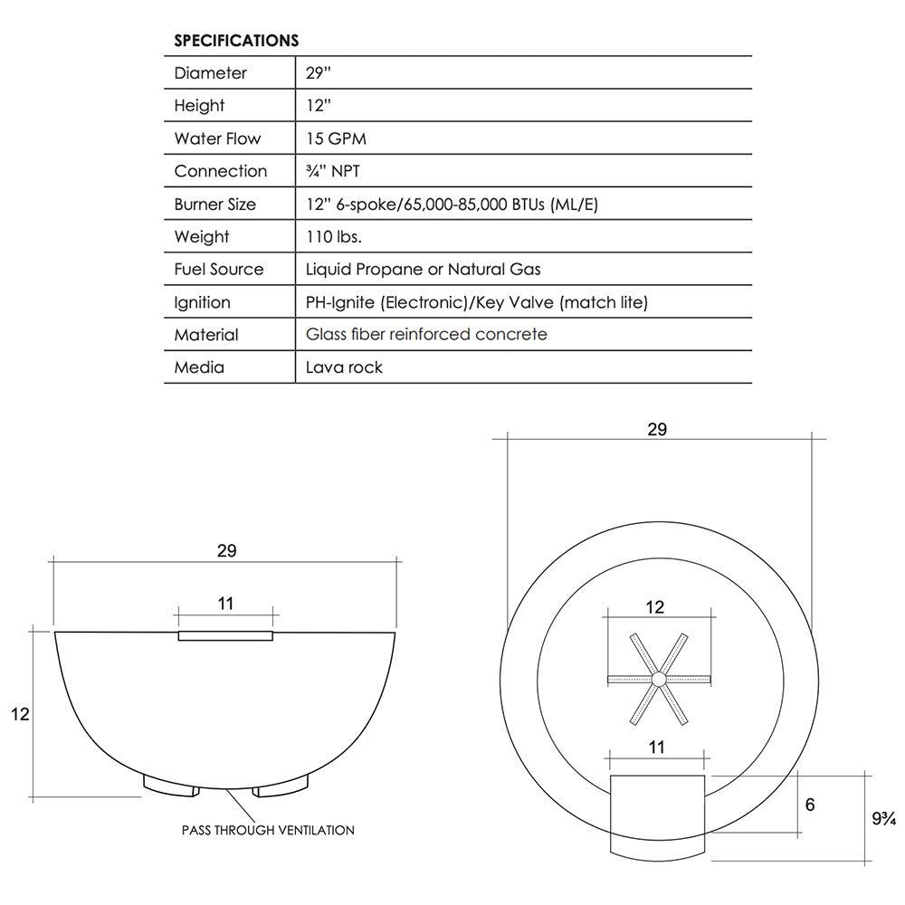 Concrete gas fire bowl technical diagram with top and side dimensions and vent details